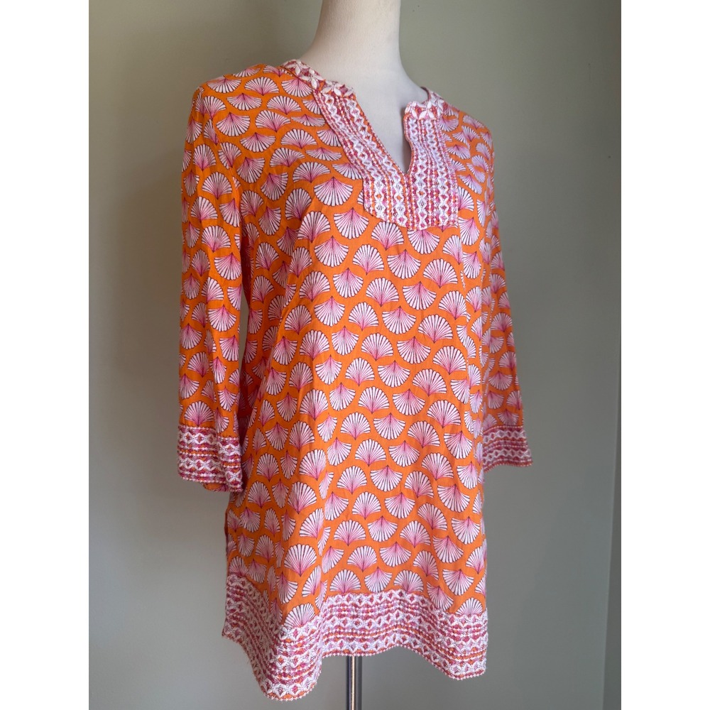 Sigrid Olsen Orange Pink Seashell Cotton TunicTop Embroidered S costal boho chic